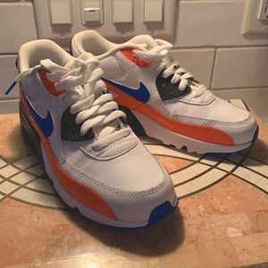 Nike air max 90s: Size 5.5y, Color is blue, black, orange, white.